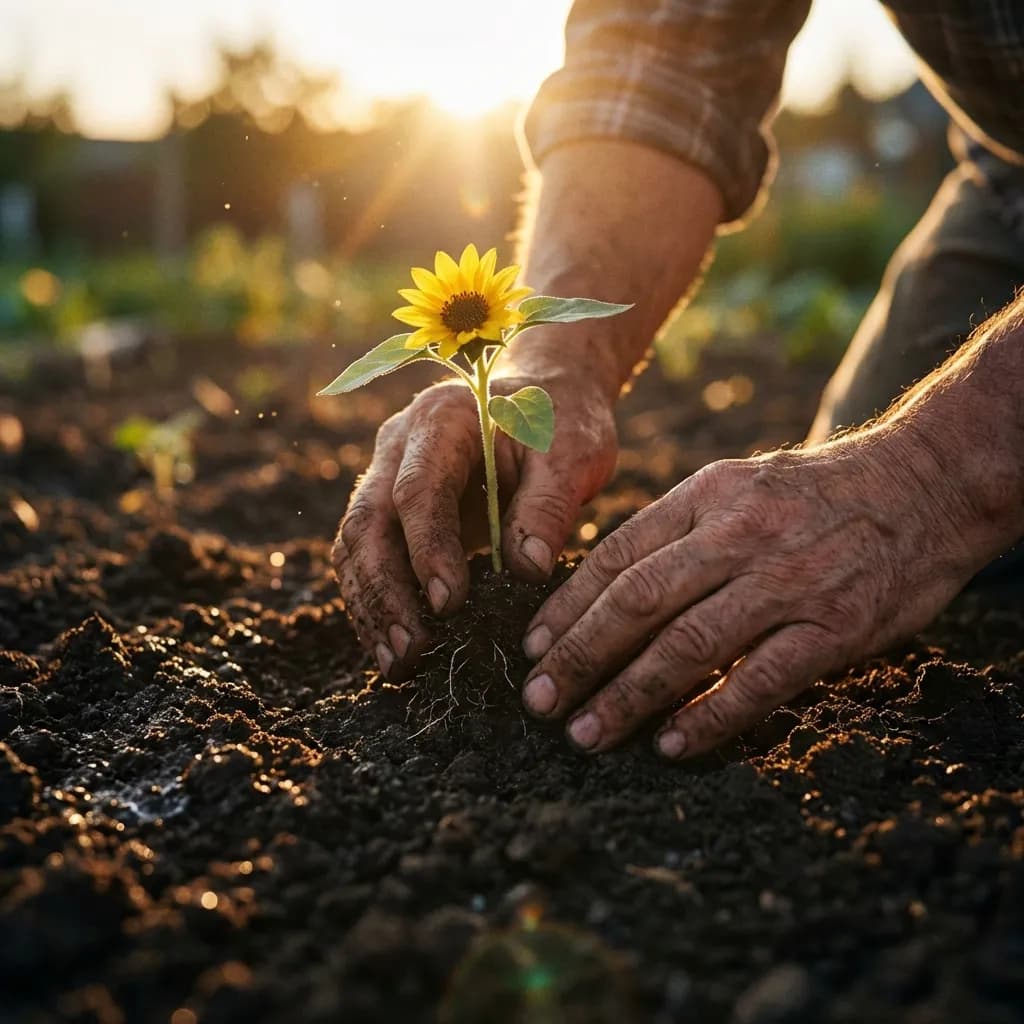 Hands nurturing a young sunflower