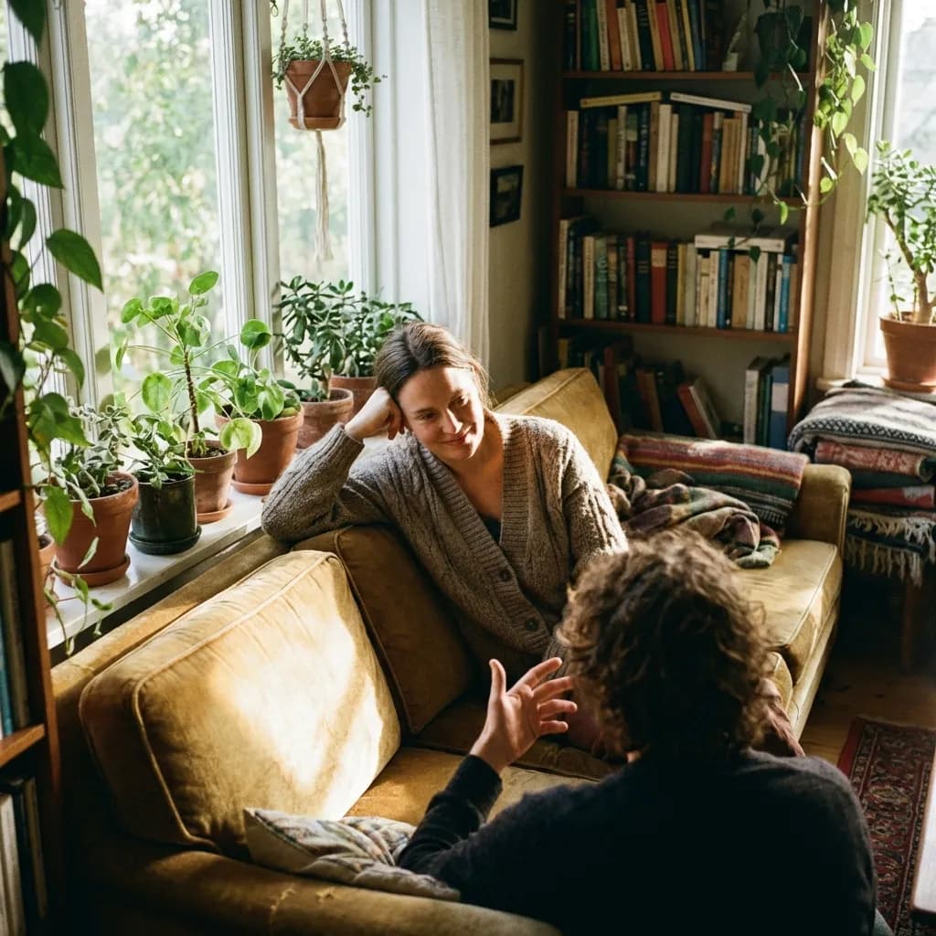 Two people having a supportive, empathetic conversation on a sunny sofa